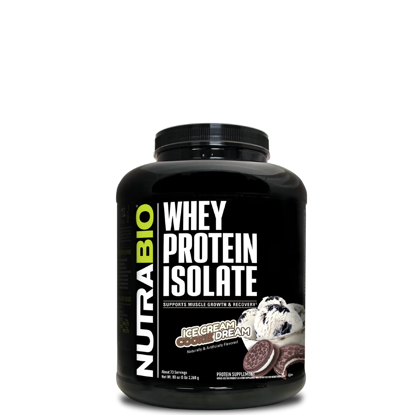 A container of NutraBio Whey Protein Isolate in chocolate flavor, showcasing the brand logo and product information.