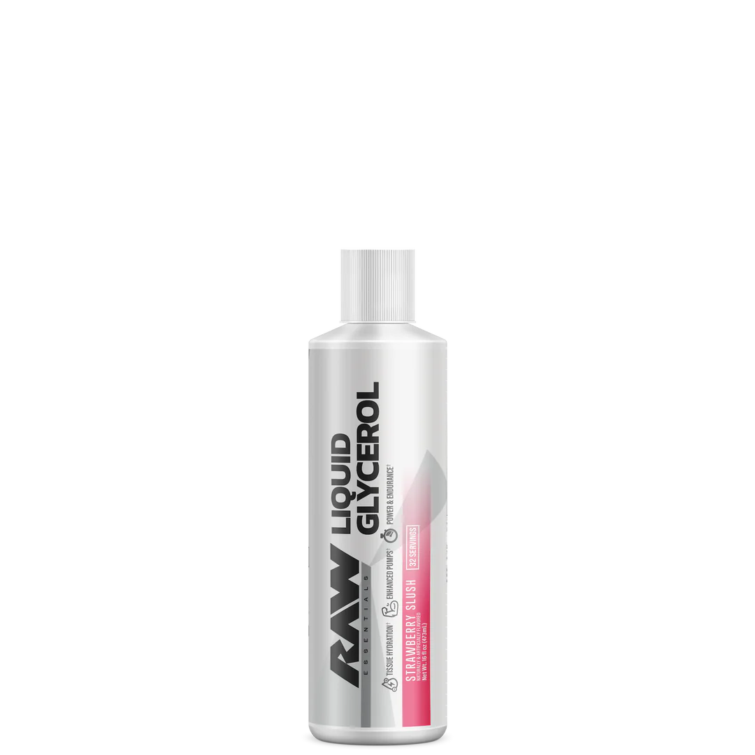 A bottle of Liquid Glycerol supplement with the brand name RAW visible on the label.