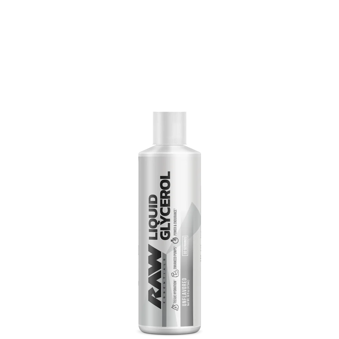 A bottle of Liquid Glycerol supplement with the brand name RAW visible on the label.