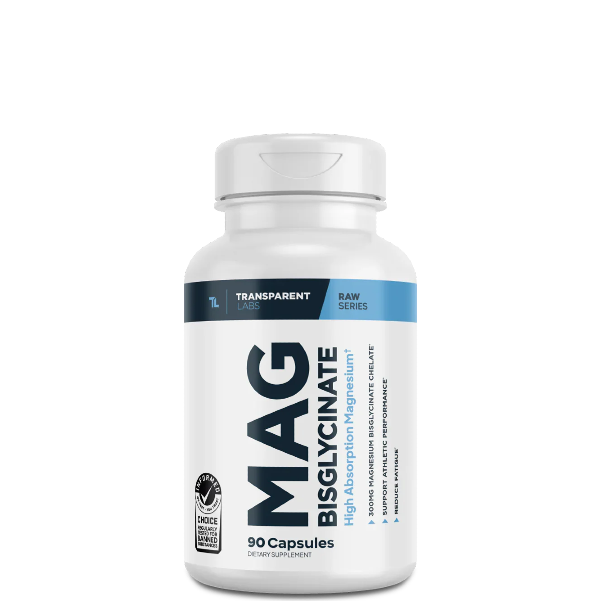 A bottle of Transparent Labs Magnesium Bisglycinate capsules with 90 capsules per bottle.
