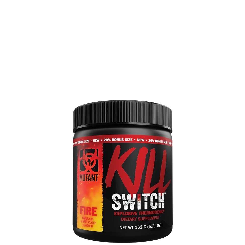 A container of 'KILL SWITCH - Thermogenic Fat Burner' with red and black color scheme and text detailing the product name and flavor, alongside logos and branding.