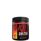 A container of 'KILL SWITCH - Thermogenic Fat Burner' with red and black color scheme and text detailing the product name and flavor, alongside logos and branding.