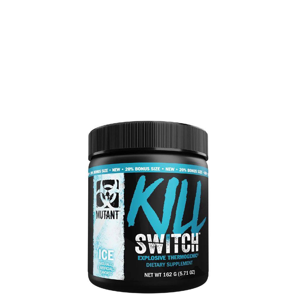 A container of 'KILL SWITCH - Thermogenic Fat Burner' with red and black color scheme and text detailing the product name and flavor, alongside logos and branding.