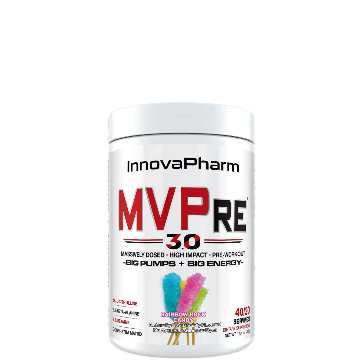 A container of InnovaPharm MVPRE 3.0, a supplement for energy and focus enhancement, with colorful label design.
