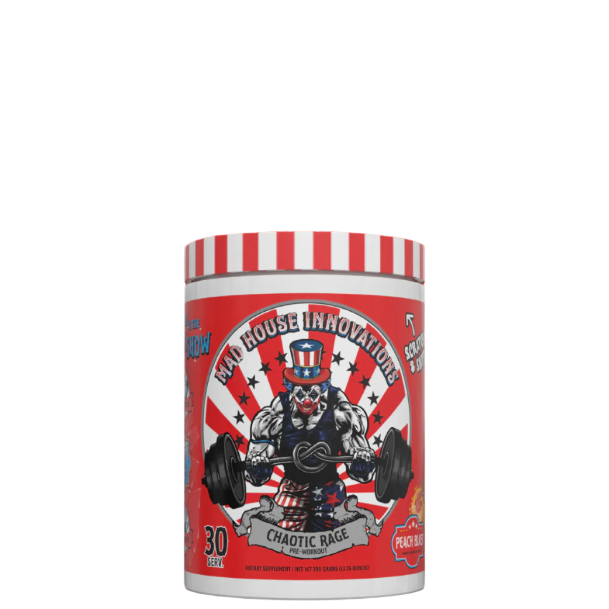 Container of Mad House Innovations Chaotic Rage Pre Workout with a cartoonish character lifting weights on the label, with red and white striped background and text.