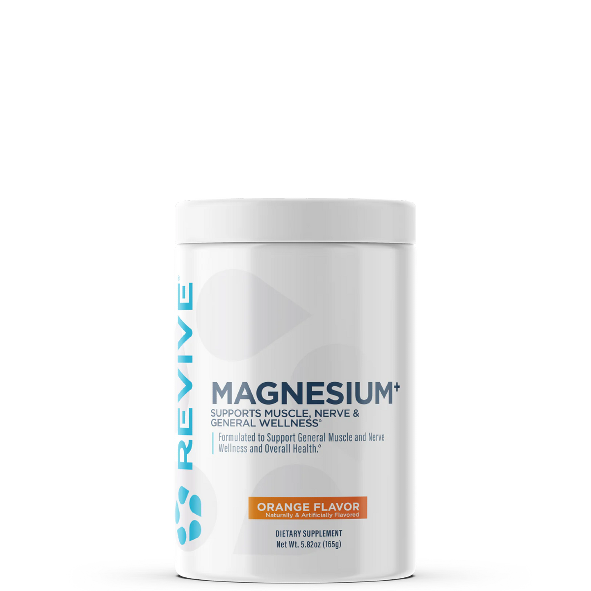 A container of Revive Supplements Magnesium+ in orange flavor, which is a high-quality magnesium supplement designed for optimal health and wellness.