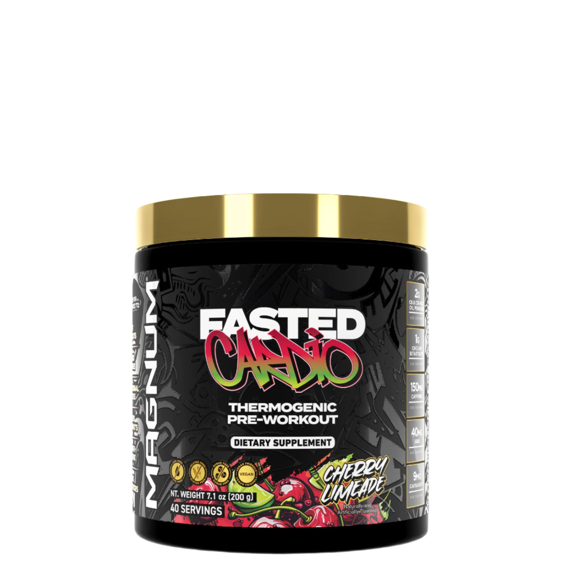 A container of MAGNUM FASTED CARBO, a thermogenic pre-workout supplement with a black and red label, indicating it is designed for fat burning and energy support.