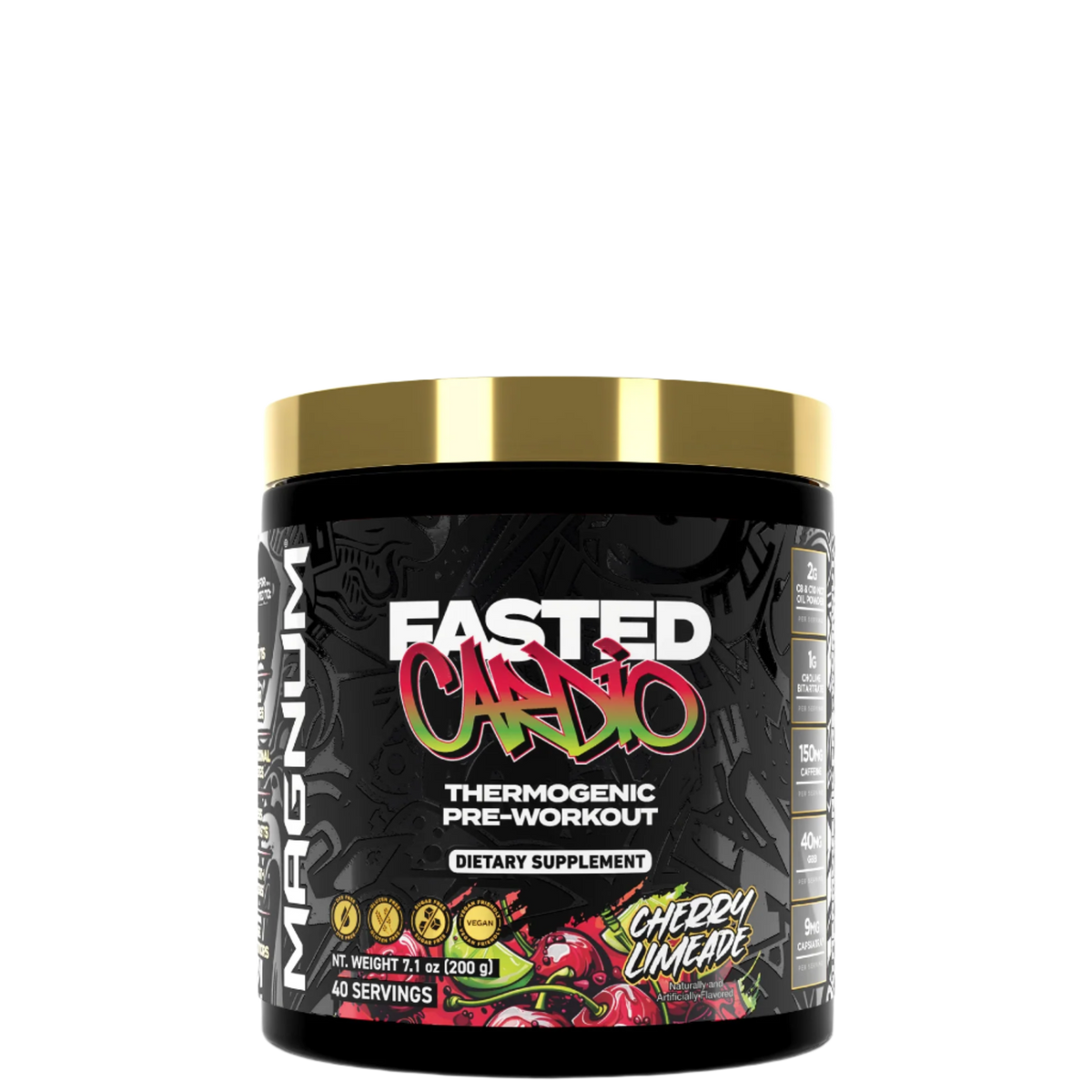 A container of MAGNUM FASTED CARBO, a thermogenic pre-workout supplement with a black and red label, indicating it is designed for fat burning and energy support.