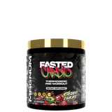 A container of MAGNUM FASTED CARBO, a thermogenic pre-workout supplement with a black and red label, indicating it is designed for fat burning and energy support.