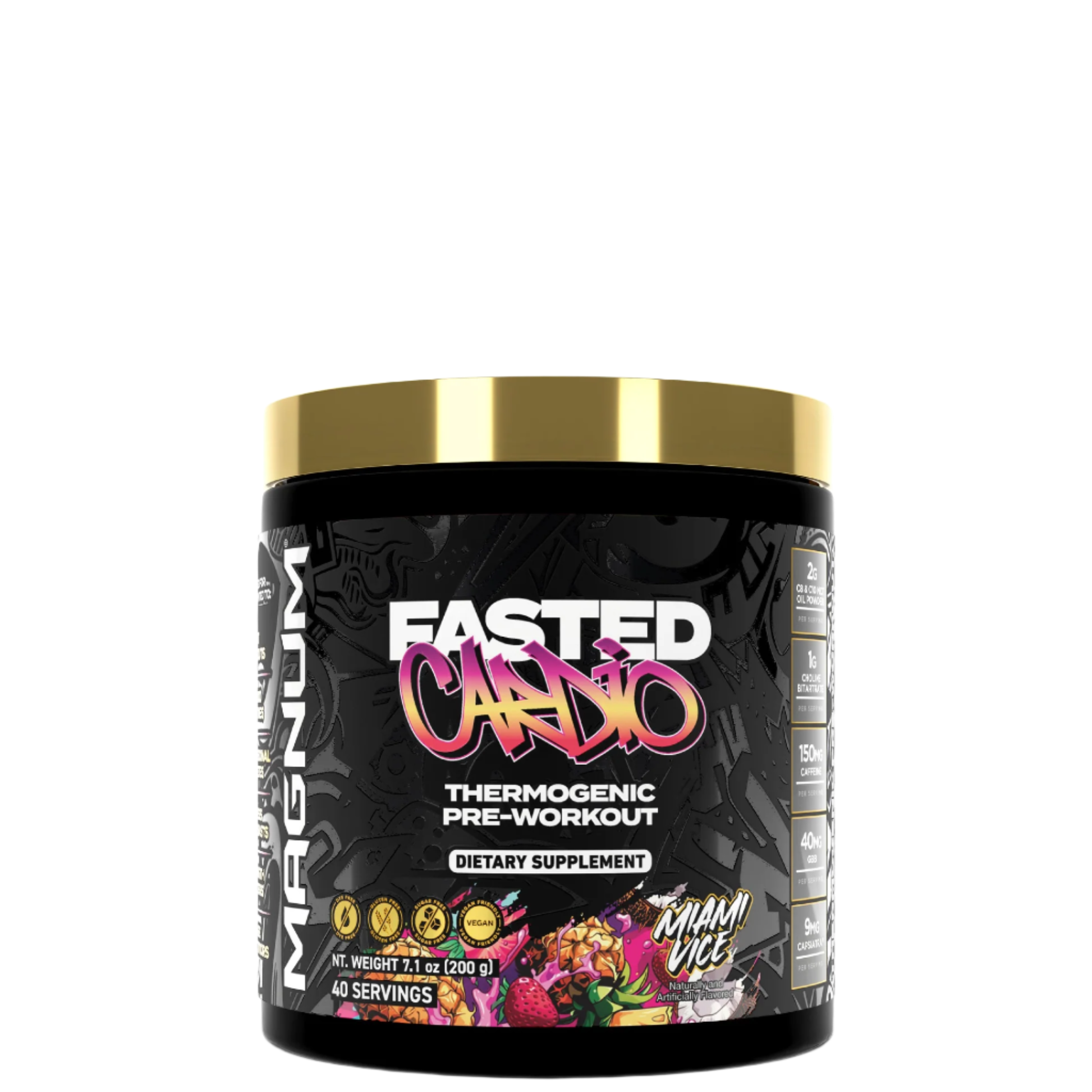 A container of MAGNUM FASTED CARBO, a thermogenic pre-workout supplement with a black and red label, indicating it is designed for fat burning and energy support.