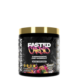 A container of MAGNUM FASTED CARBO, a thermogenic pre-workout supplement with a black and red label, indicating it is designed for fat burning and energy support.