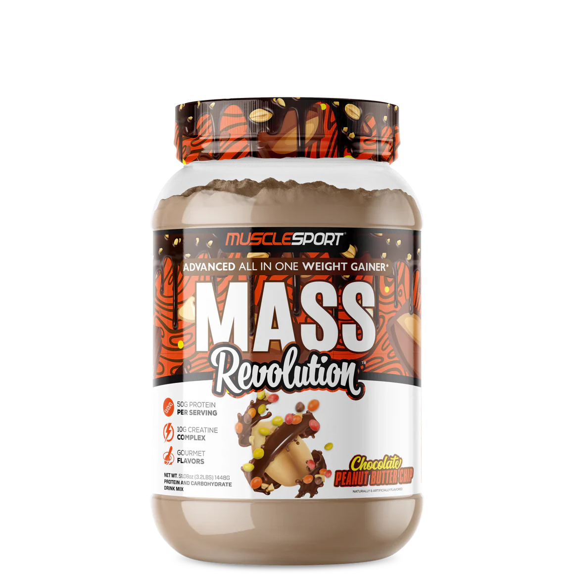 A container of MuscleSport Mass Revolution weight gainer in strawberry banana flavor.