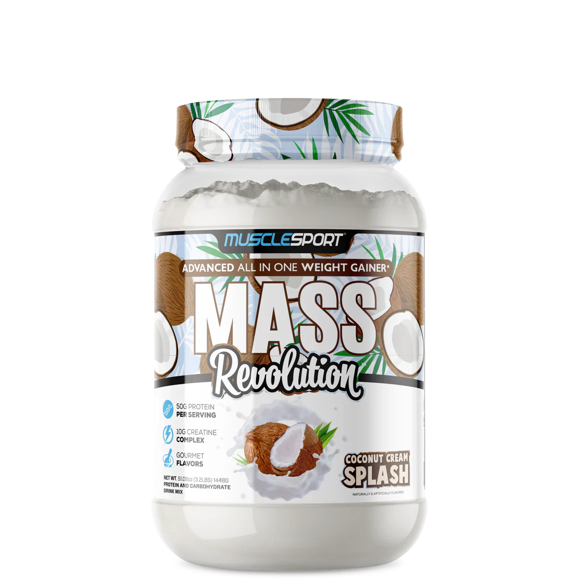 A container of MuscleSport Mass Revolution weight gainer in strawberry banana flavor.
