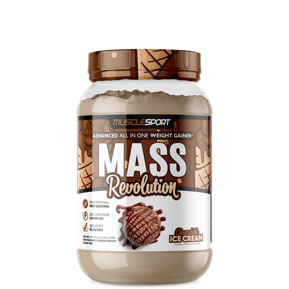 A container of MuscleSport Mass Revolution weight gainer in strawberry banana flavor.