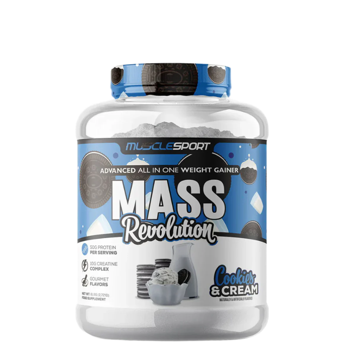 A container of MuscleSport Mass Revolution Mass Gainer in Vanilla Ice Cream flavor.