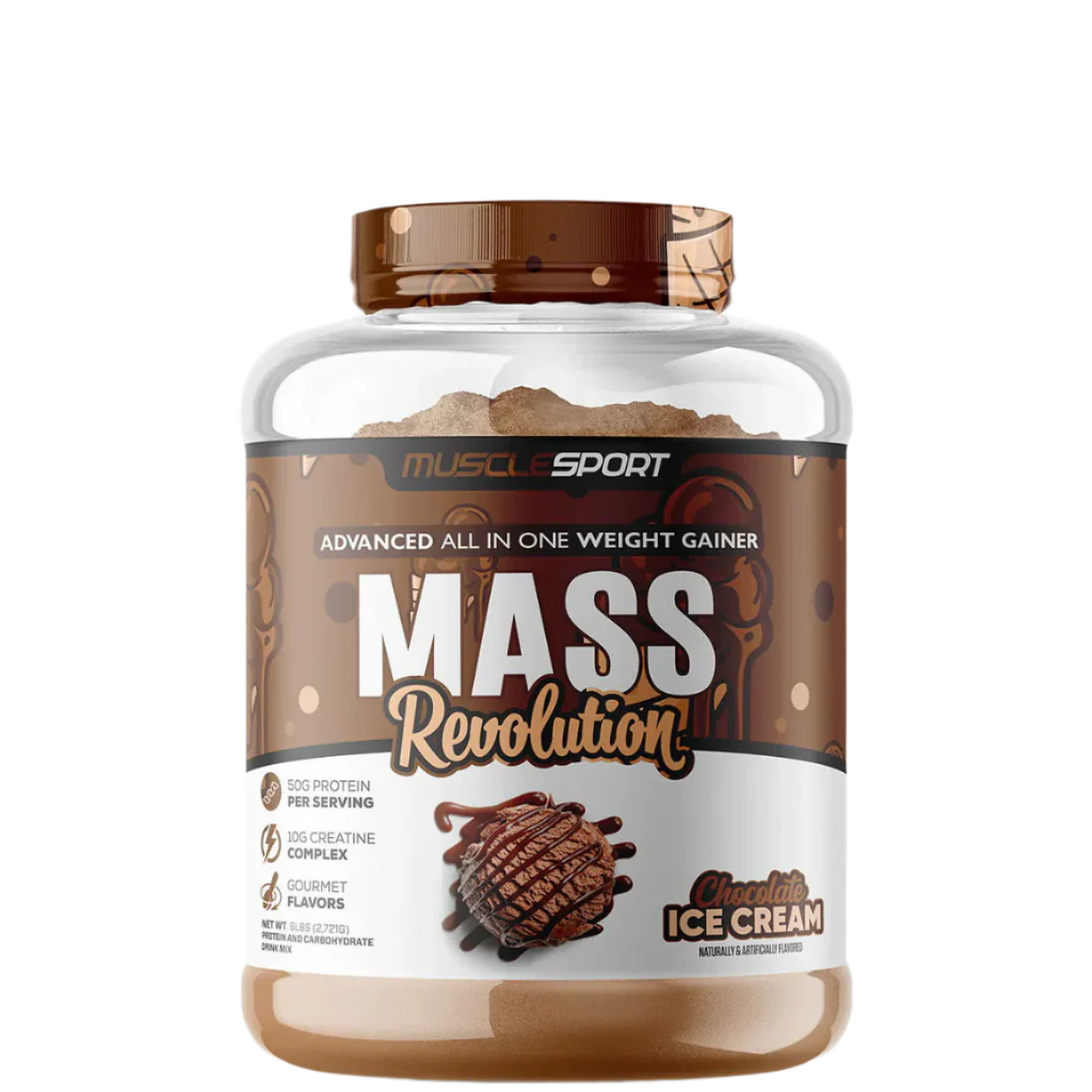 A container of MuscleSport Mass Revolution Mass Gainer in Vanilla Ice Cream flavor.