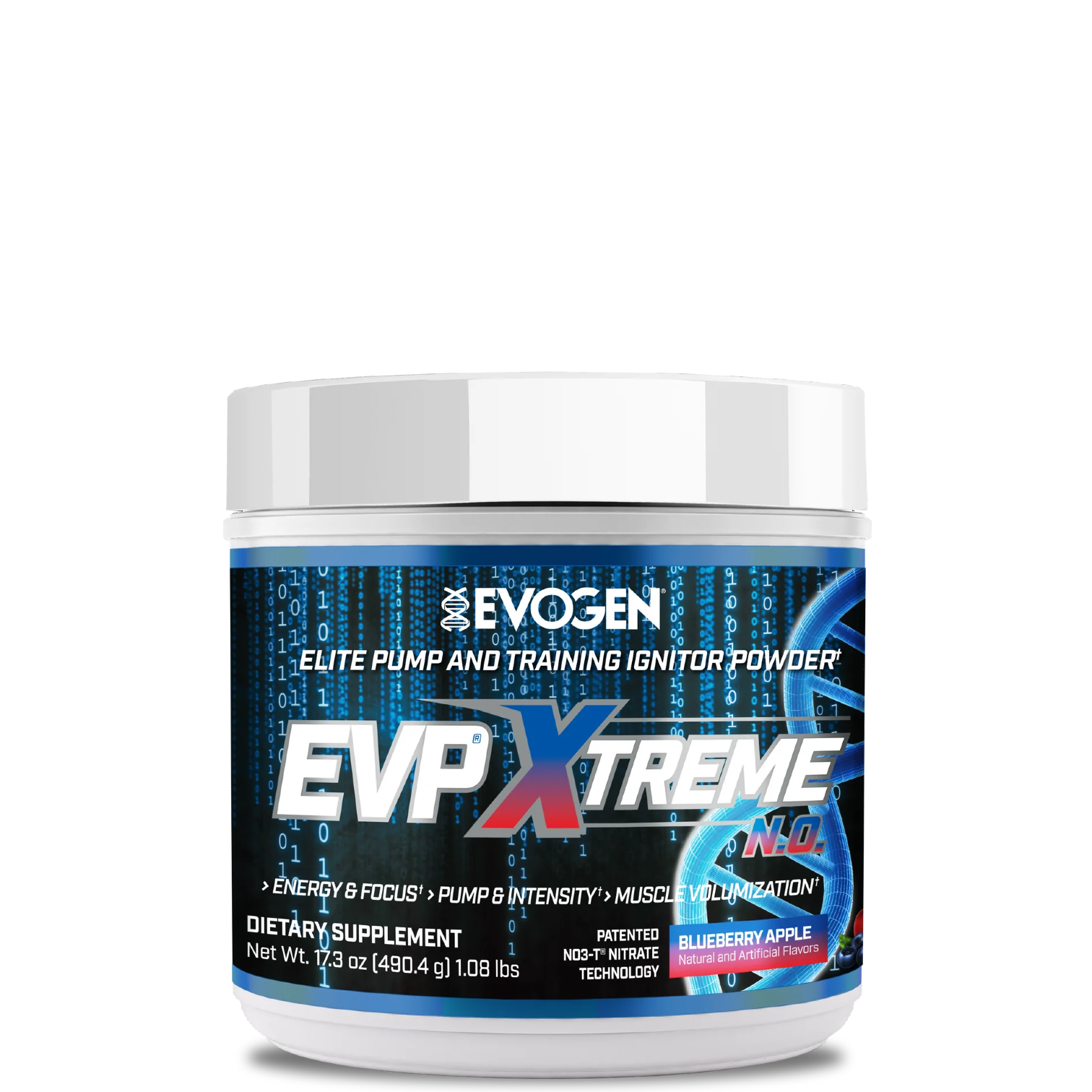 A container of EVP Xtreme N.O. Pre-Workout powder with a colorful label featuring red, yellow, and blue elements.