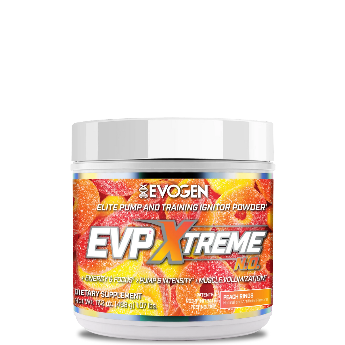 A container of EVP Xtreme N.O. Pre-Workout powder with a colorful label featuring red, yellow, and blue elements.