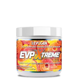 A container of EVP Xtreme N.O. Pre-Workout powder with a colorful label featuring red, yellow, and blue elements.