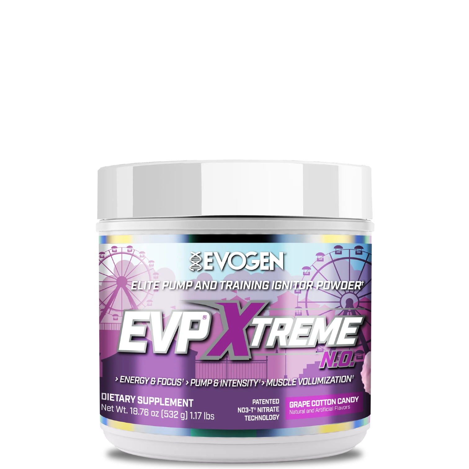 A container of EVP Xtreme N.O. Pre-Workout powder with a colorful label featuring red, yellow, and blue elements.