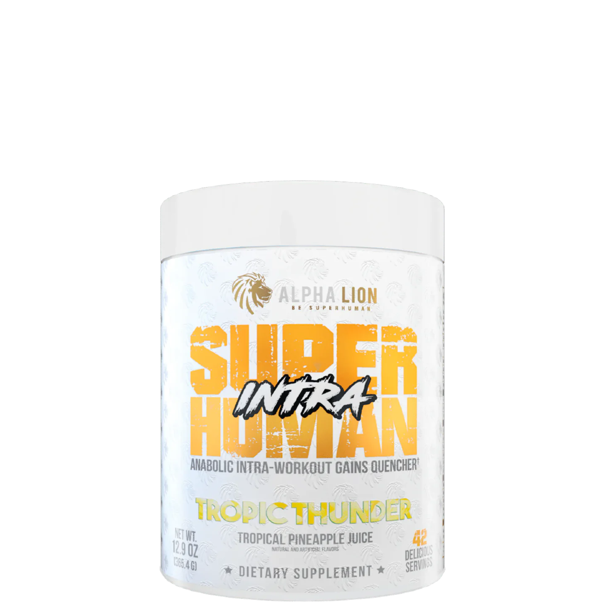 A container of Alpha Lion SuperHuman Intra supplement in Leg Day Limeade flavor, which is a BCAA & EAA supplement intended for workout support.