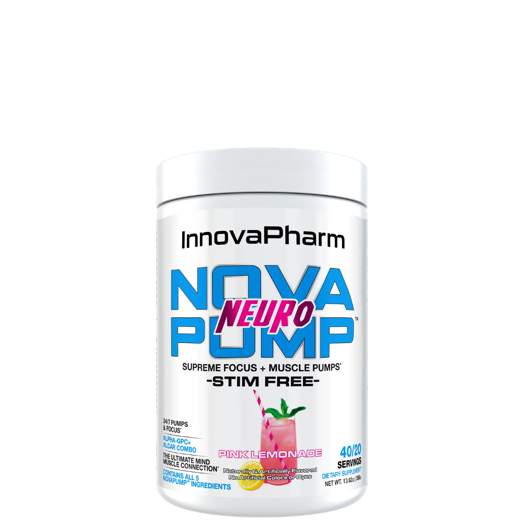 A container of NovaPump Neuro supplement by InnovaPharm with a pink lemonade flavor, stim-free, with 40 servings.