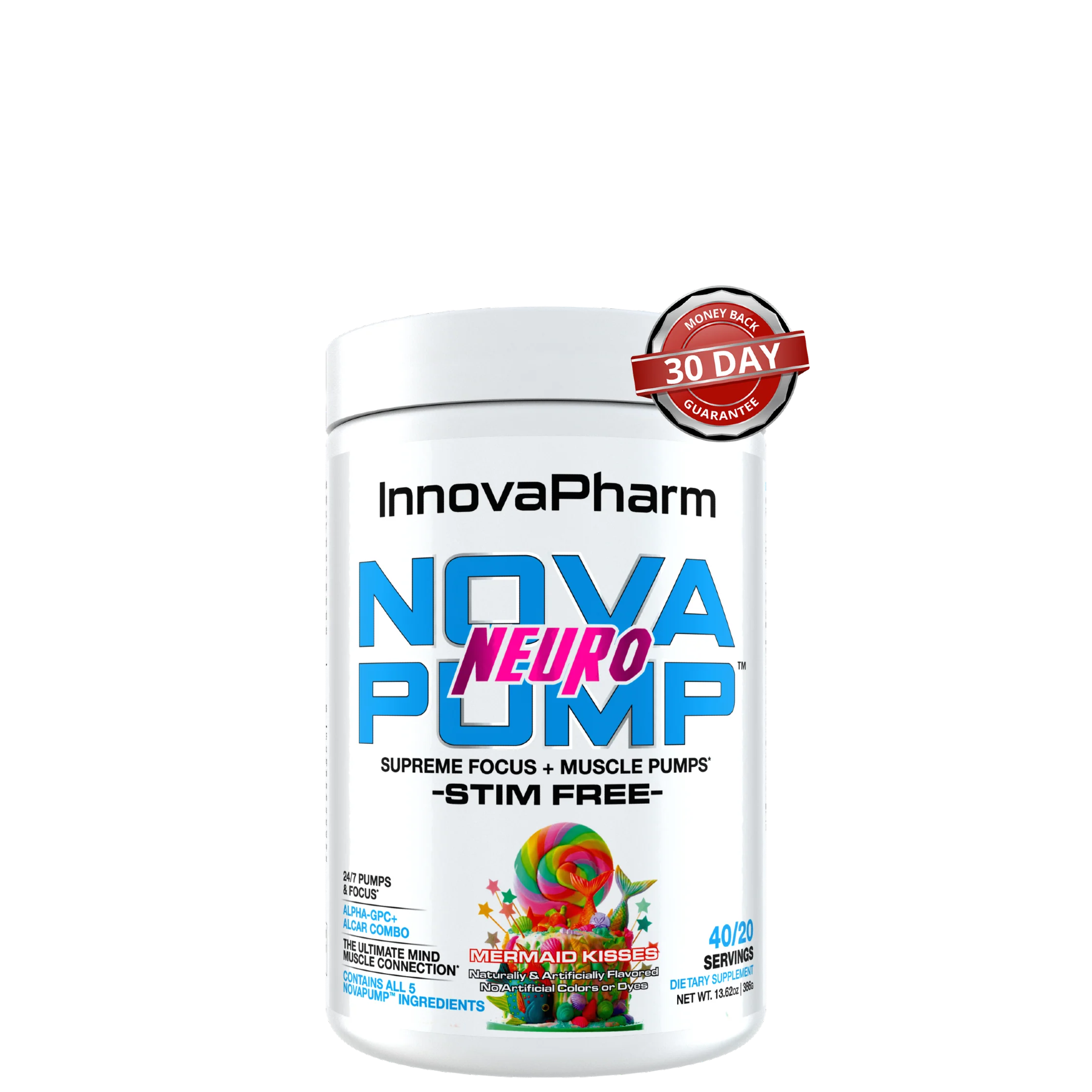 A container of NovaPump Neuro supplement by InnovaPharm with a mermaid kisses flavor, stim-free, with 40 servings.