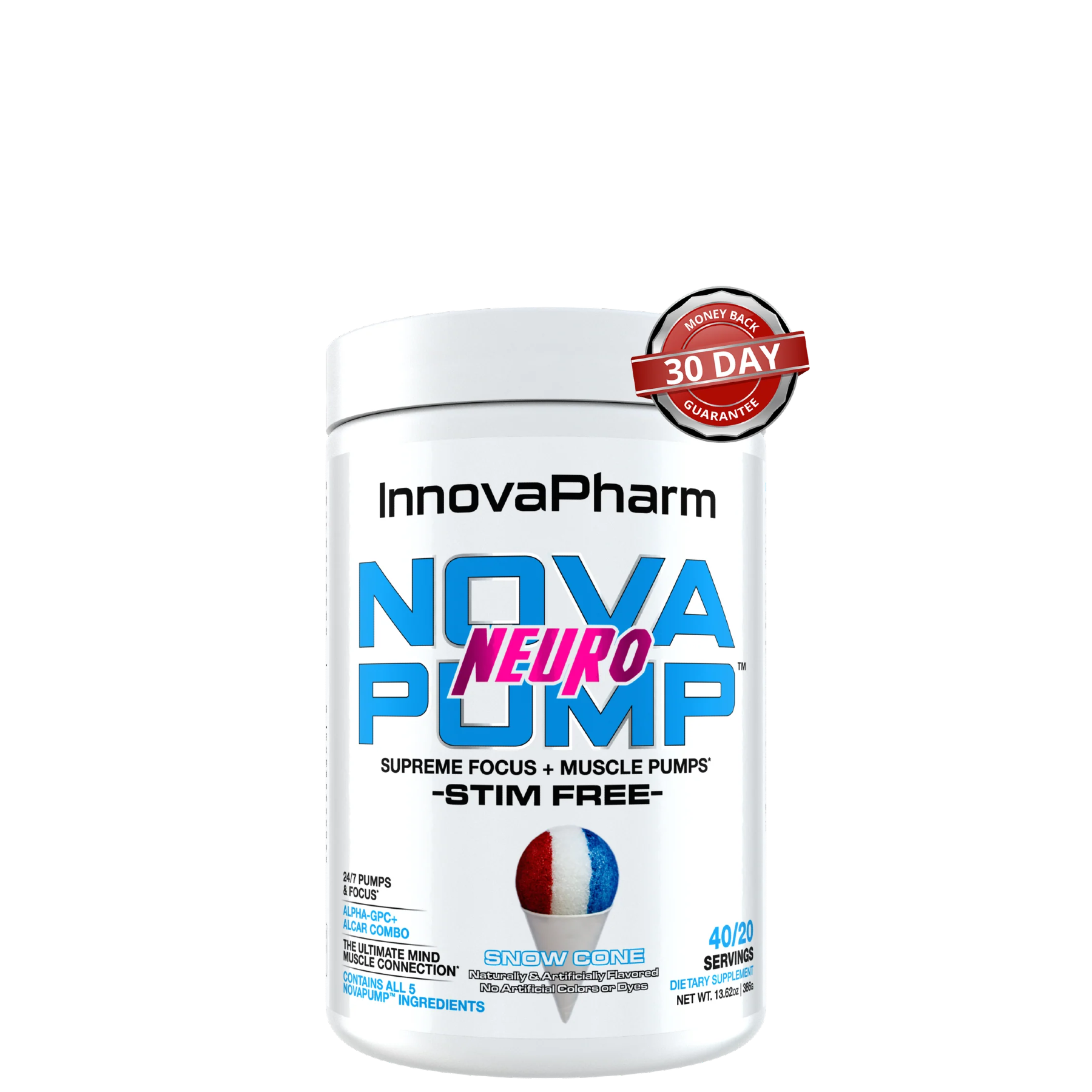 A container of NovaPump Neuro supplement by InnovaPharm with a snow cone flavor, stim-free, with 40 servings.