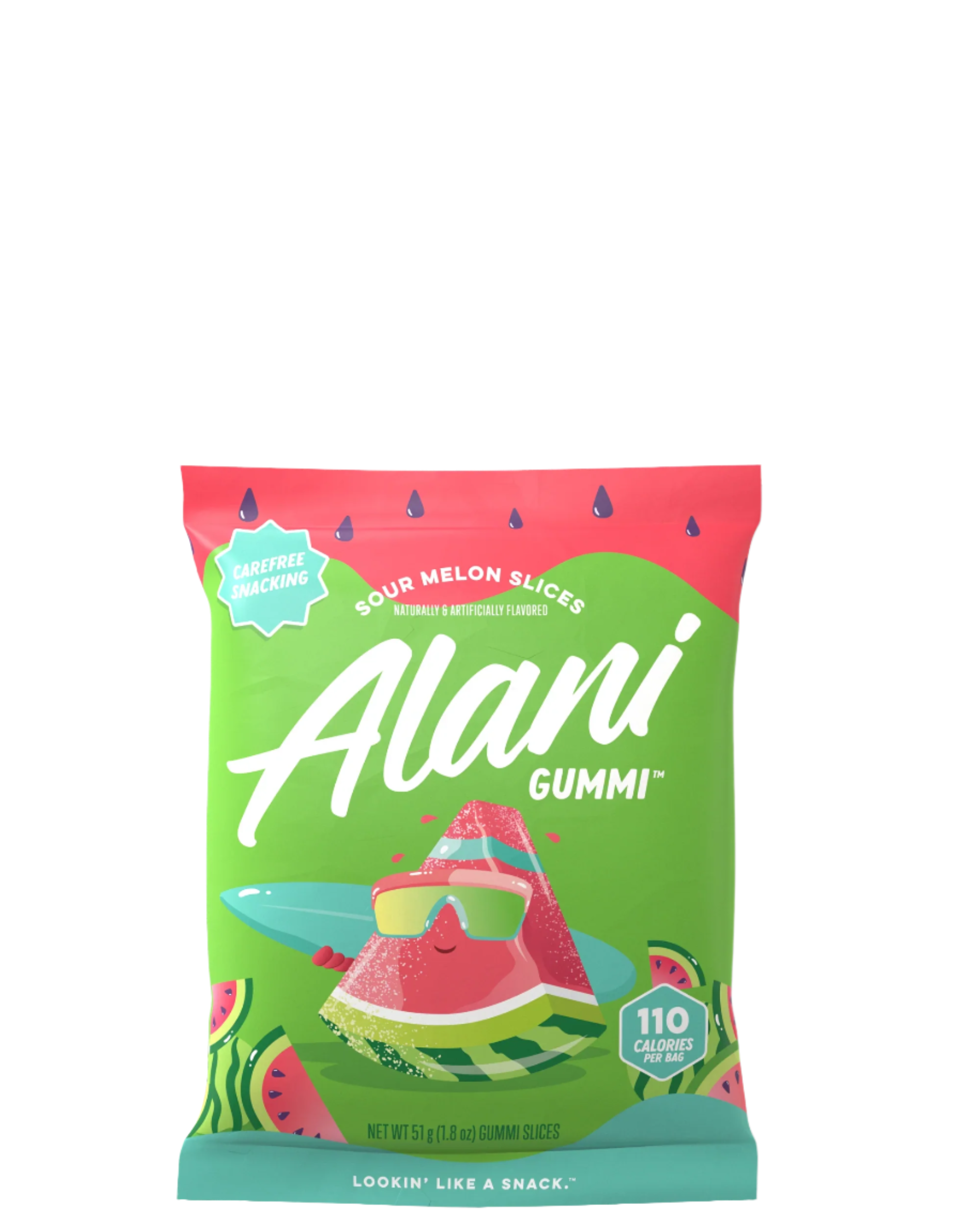 A package of Alani Gummi gummy bears with a pink background featuring images of the gummy bears in different flavors such as watermelon, grape, and fruit punch.