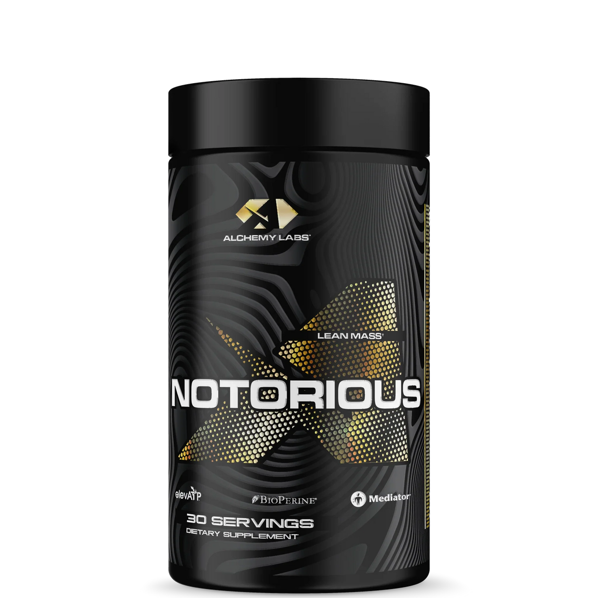 A container of Alchemy Labs NOTORIOUS supplement with a black and gold color scheme, featuring the product name and branding.