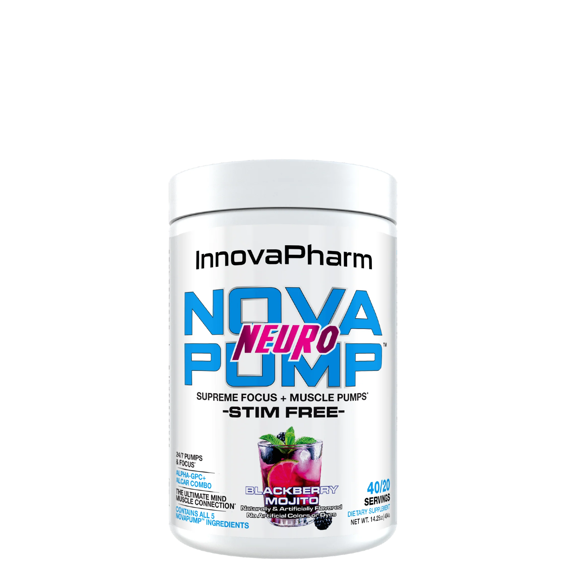 A container of NovaPump Neuro supplement by InnovaPharm with a blackberry mojito flavor, stim-free, with 40 servings.