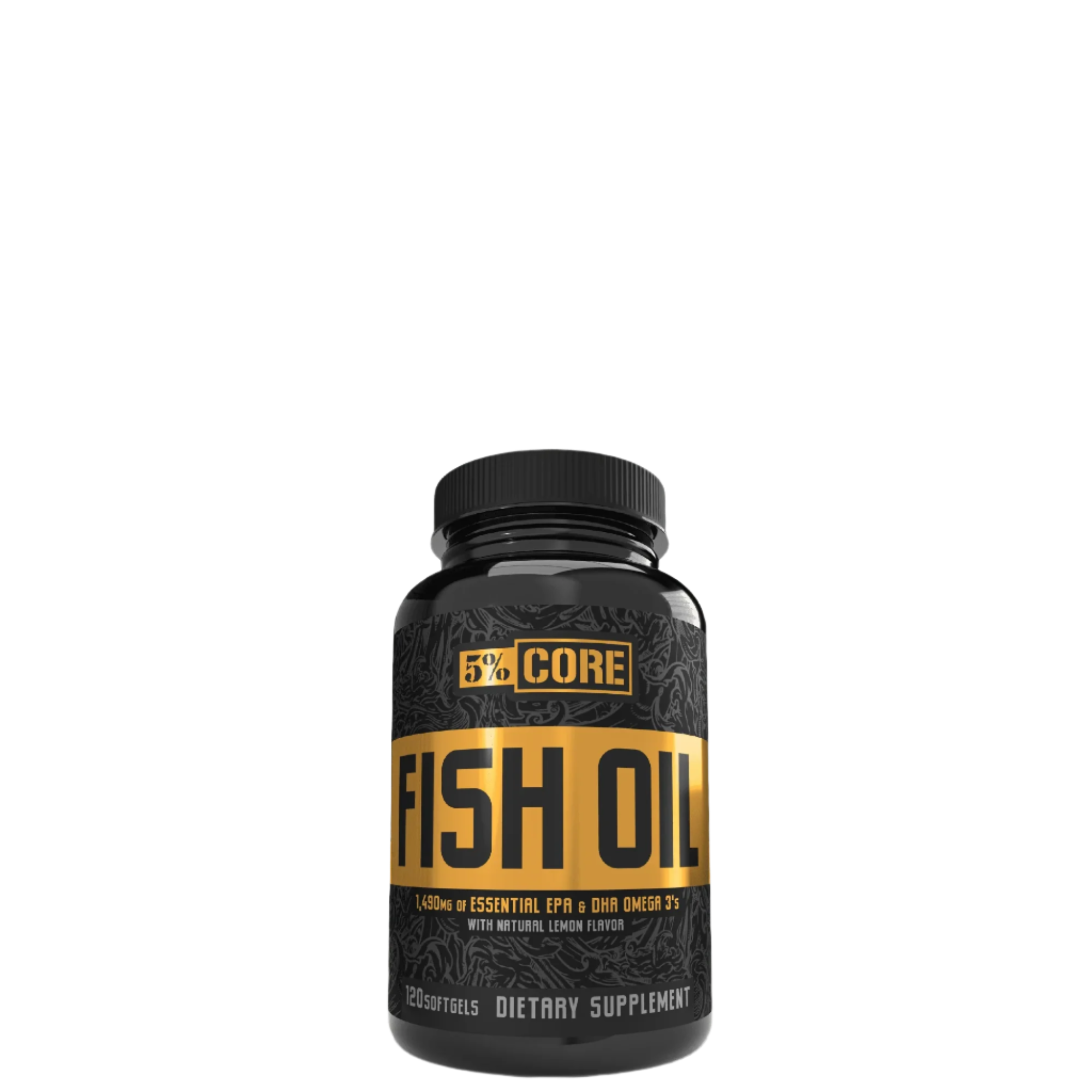 A bottle of 5% Nutrition Core Fish Oil dietary supplement with black and yellow label.