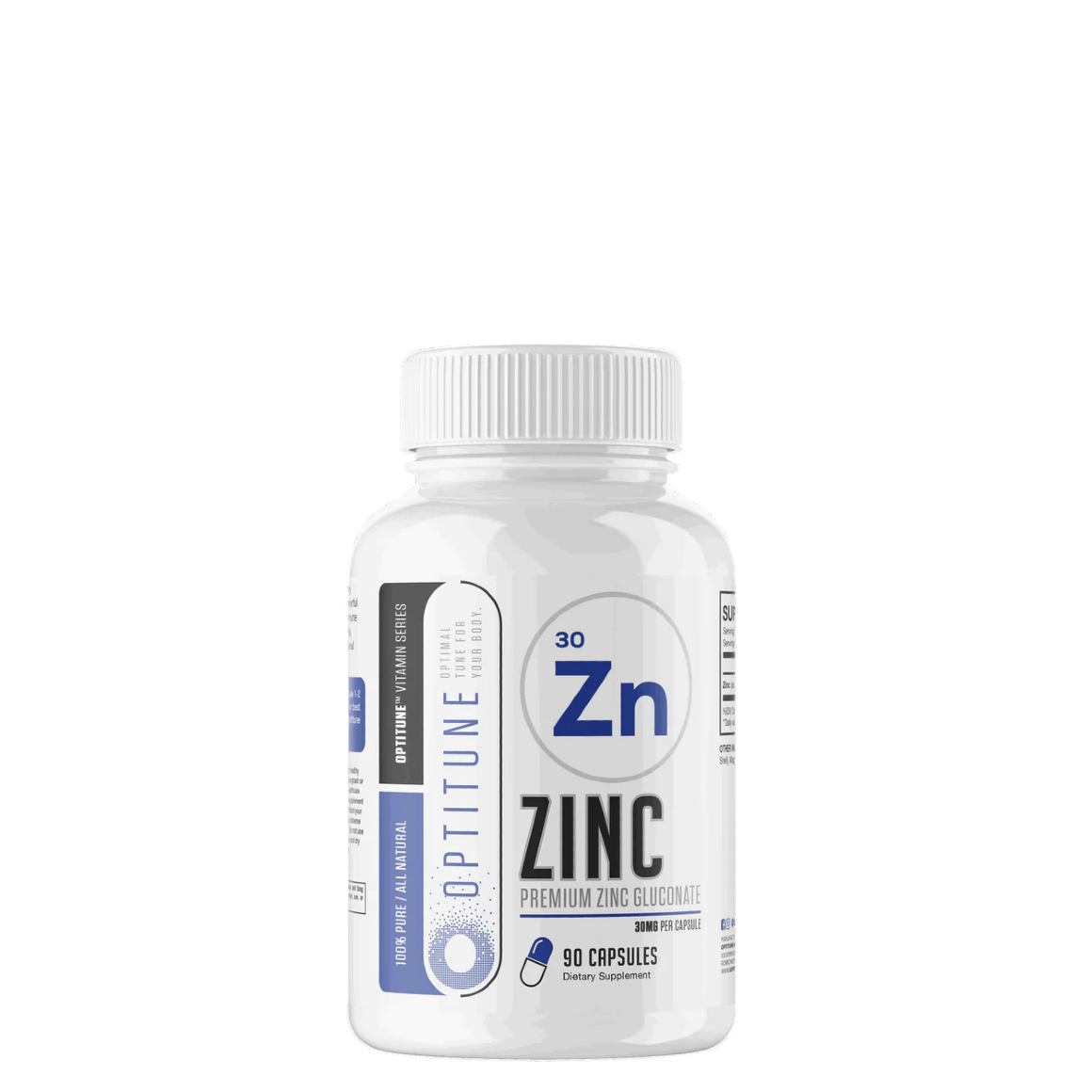 A bottle of Optitune by Musclesport Zinc Gluconate with 90 servings, containing 30mg of zinc per capsule.