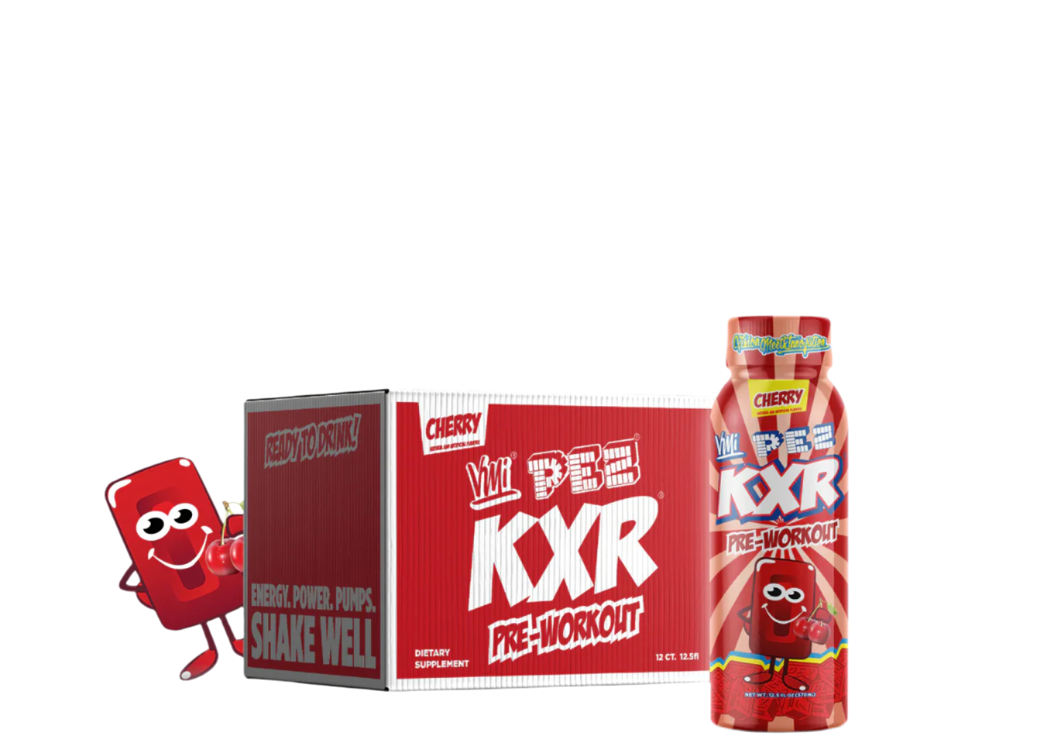 A bottle of KXR x PEZ Pre-Workout RTD with a cherry flavor, featuring a cartoon character design on the label.