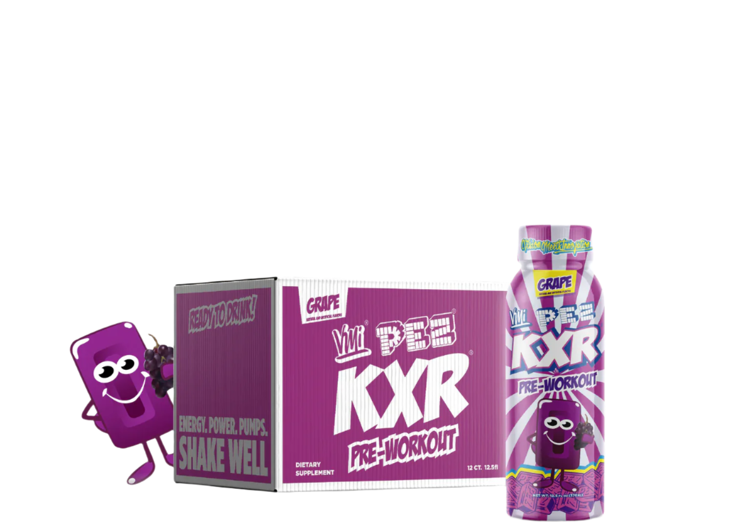 A bottle of KXR x PEZ Pre-Workout RTD with a grape flavor, featuring a cartoon character design on the label.