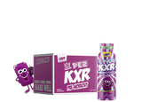 A bottle of KXR x PEZ Pre-Workout RTD with a grape flavor, featuring a cartoon character design on the label.