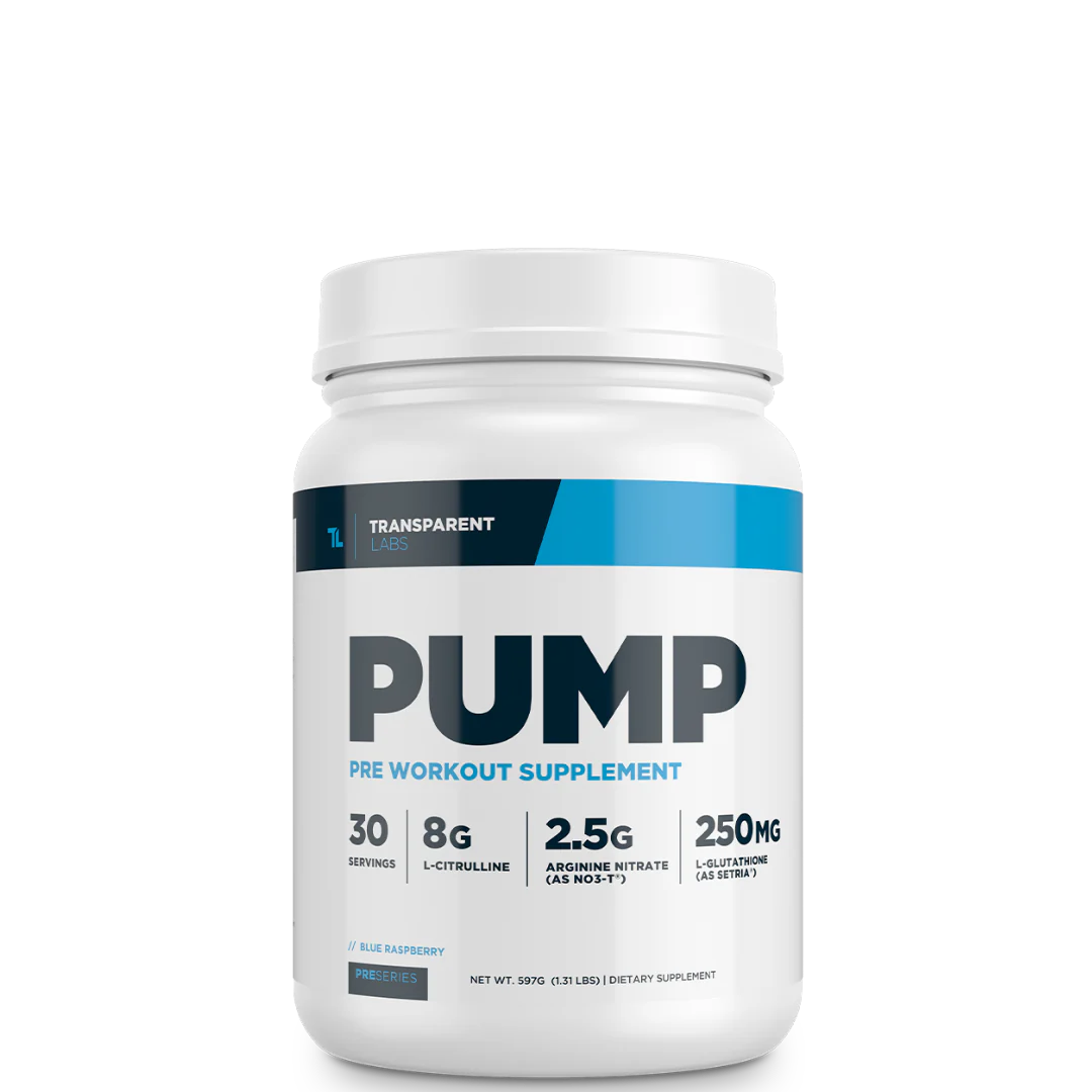 A container of Transparent Labs Pump pre-workout supplement with blue and silver label detailing ingredients and dosage.