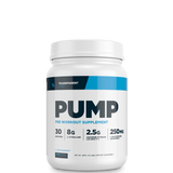 A container of Transparent Labs Pump pre-workout supplement with blue and silver label detailing ingredients and dosage.
