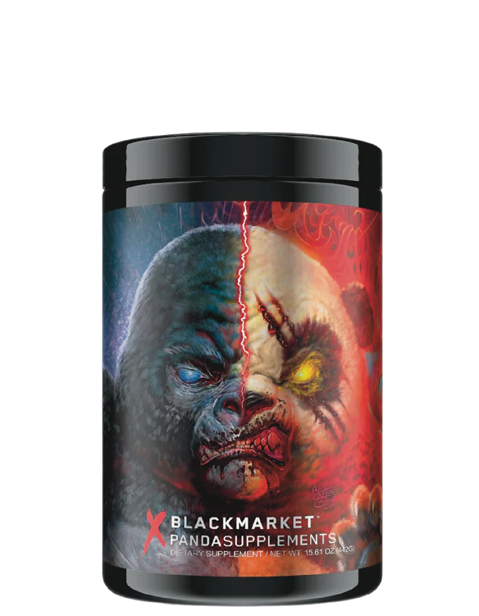 Container of PANDA VS GORILLA Collaboration pre-workout supplement featuring an artistic depiction of a split image with one half showing a panda and the other half showing a gorilla.