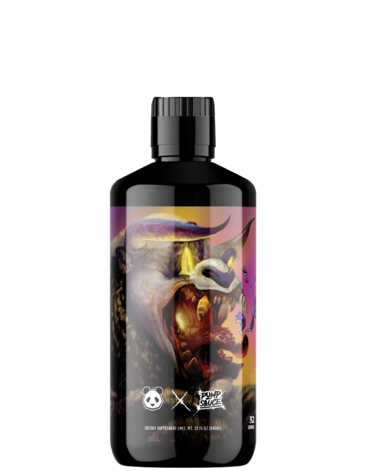 A bottle of Panda Supps X Pump Sauce Collaboration Liquid Pre Workout with a colorful label featuring a dragon and in-game currency symbols.
