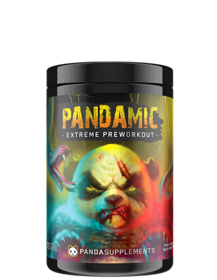 Container of PANDAMIC Extreme Pre-workout supplement with a graphic design featuring a stylized panda character