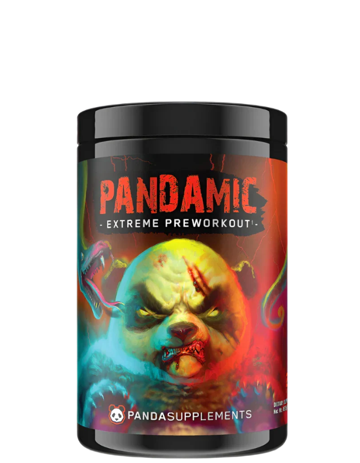 Container of PANDAMIC Extreme Pre-workout supplement with a graphic design featuring a stylized panda character