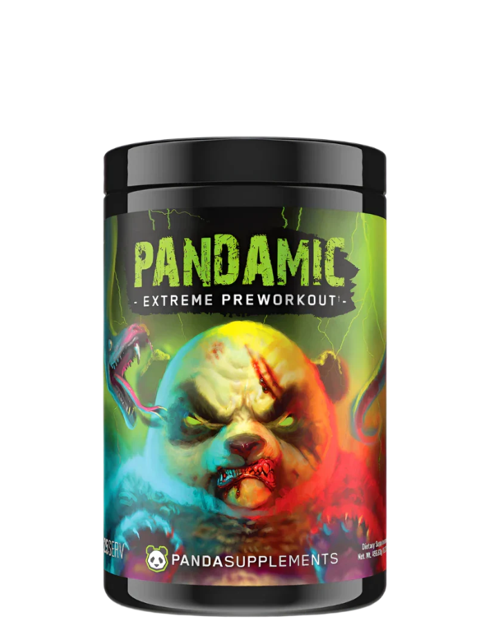 Container of PANDAMIC Extreme Pre-workout supplement with a graphic design featuring a stylized panda character