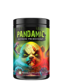 Container of PANDAMIC Extreme Pre-workout supplement with a graphic design featuring a stylized panda character