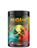 Container of PANDAMIC Extreme Pre-workout supplement with a graphic design featuring a stylized panda character