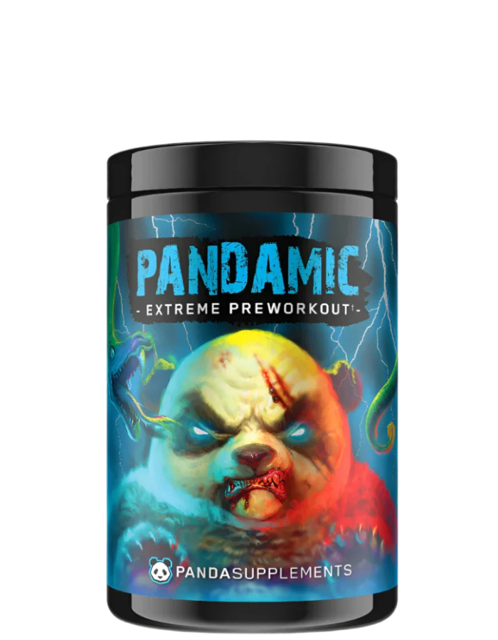 Container of PANDAMIC Extreme Pre-workout supplement with a graphic design featuring a stylized panda character