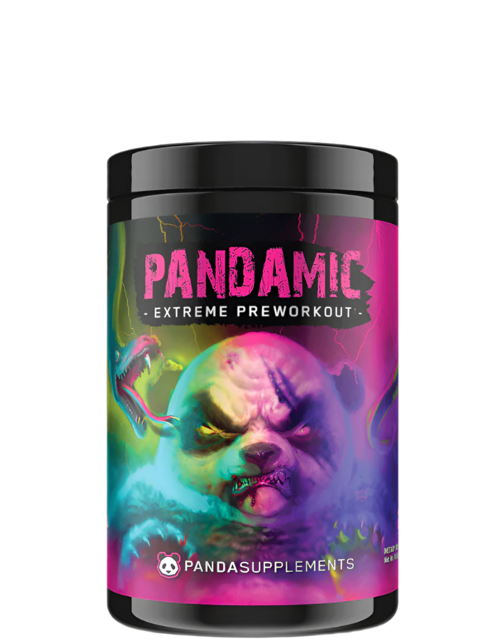 Container of PANDAMIC Extreme Pre-workout supplement with a graphic design featuring a stylized panda character