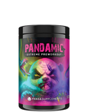 Container of PANDAMIC Extreme Pre-workout supplement with a graphic design featuring a stylized panda character
