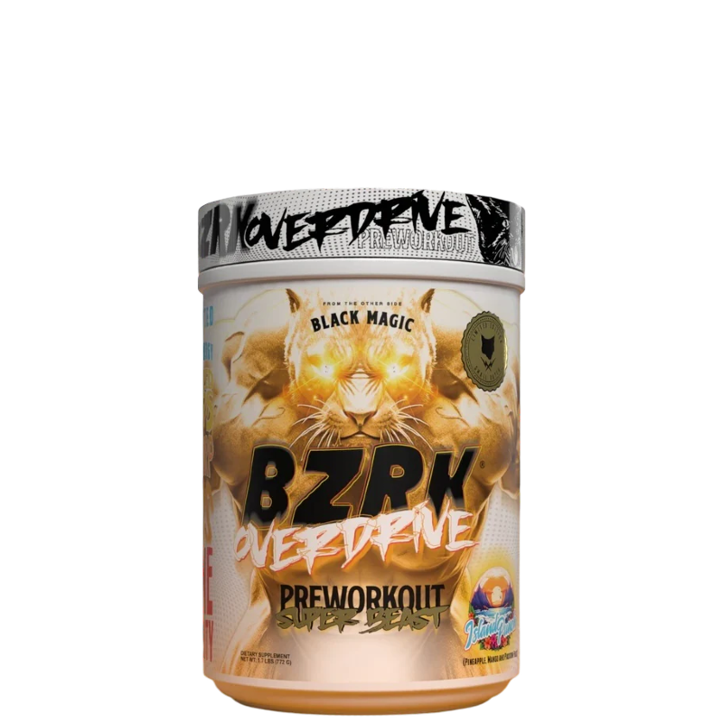 Container of BZRK Overdrive pre-workout supplement with a predominantly pink and purple color scheme and a spider graphic