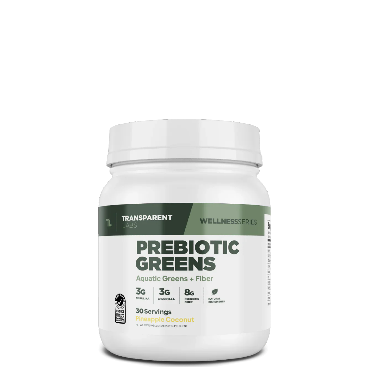 A white container labeled 'Transparent Wellness Series Prebiotic Greens' with additional text stating 'Superfood Greens + Fiber' and indicating 30 servings.